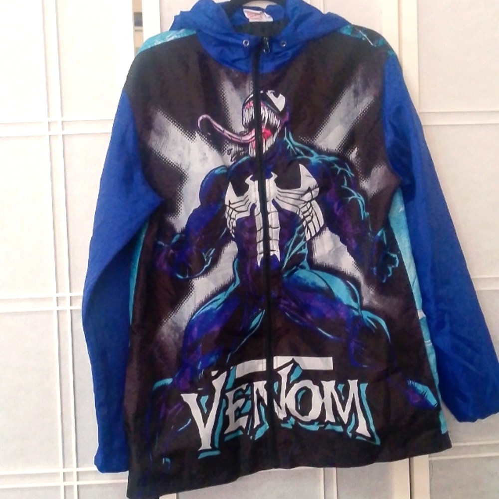 Marvel Spiderman Venom Graphic Blue Hooded Windbreaker Jacket Mens